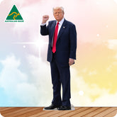 Man in a suit with a red tie standing on a wooden platform, Australian Made logo visible